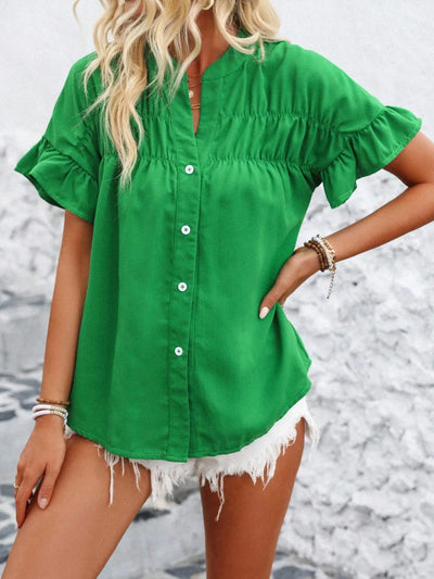 Women Button Solid Cotton Linen Blouses Summer 2025 Fashion Stand Up Short Sleeve Shirts Casual V-Neck Ruffles Office Lady Tops