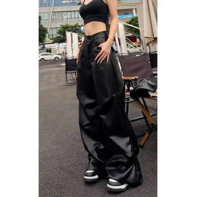 Fashionable Wide Leg Pants for Spring and Autumn Women's New High Waisted Straight Leg Loose Floor Length Casual Leather Pants