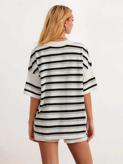 Women Pajamas Set 2 Pieces Loungewear Suits Summer Striped Contrast Color Button Crochet Knit Tops and Shorts Lounge Sets Beach