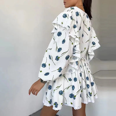 Women Cotton Linen Print Loose Suit Women Lantern Sleeve Ruffles V-neck Patchwork Single-Breasted Top High Waist Mini Skirt Suit