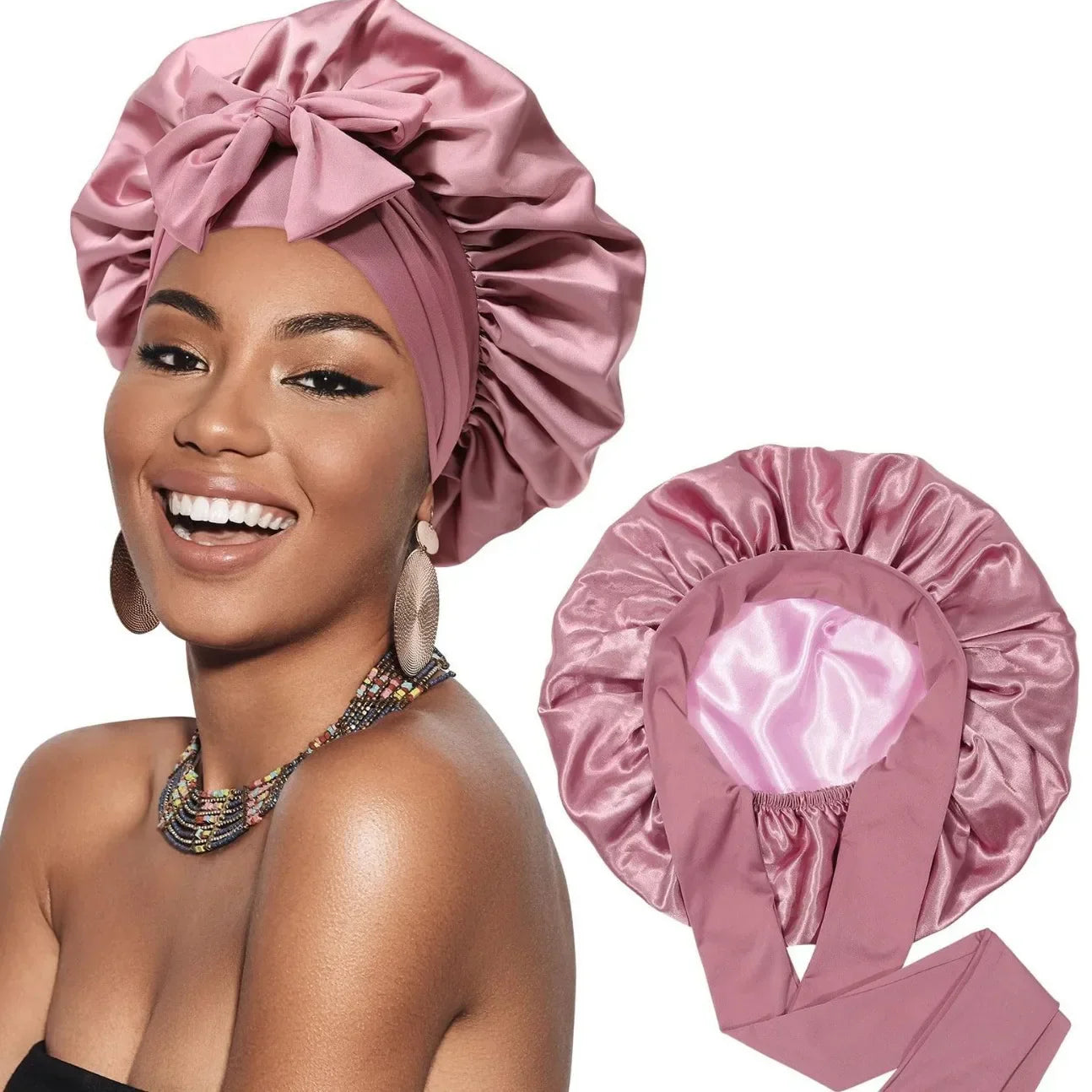 Silk Bonnet for Sleeping Women Satin Bonnet Double Layer Satin Lined Hair Bonnet with Tie Band Curly Hair
