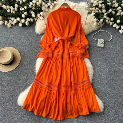 Retro Elegant Summer Stand Collar Flare Sleeve Single Breasted Lace Spliced Dress A-line French Evening Party Women Dresses