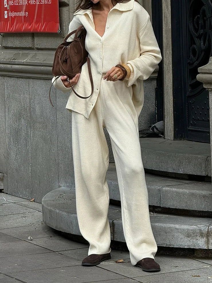 2025 Autumn Street Outfits Knitted Cardigan Pants Sets Women Single Breasted Lapel Sweater High Waist Wide Leg Trousers Suit