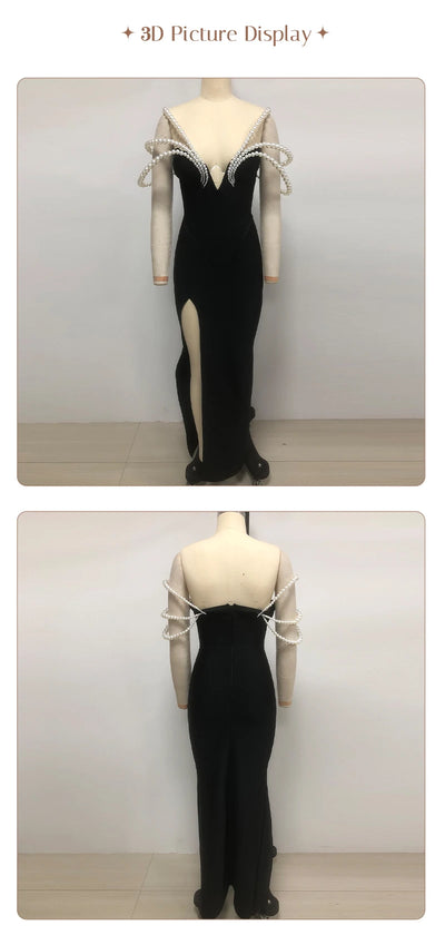 Women's Elegant Black Off-Shoulder Evening Dresses with Pearl Embellishment and High Slit for Formal Events & Weddings Vestidos
