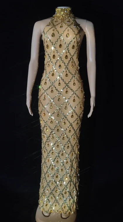 Women Sexy Stage Shining Rhinestone Sequins Dress Evening Prom Birthday Dress Transparent Performance Singer Club Host Dress