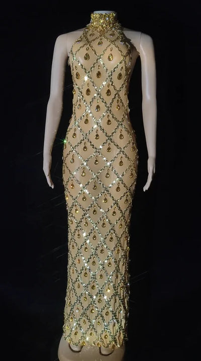 Women Sexy Stage Shining Rhinestone Sequins Dress Evening Prom Birthday Dress Transparent Performance Singer Club Host Dress