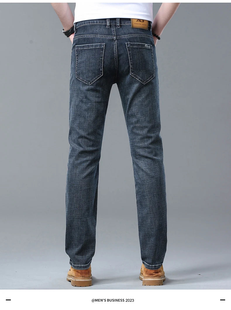 2024 Spring Summer New Men's Slim Thin Jeans Retro Light Blue Cotton Stretch Denim Pants Male Fashion Casual Brand Trousers