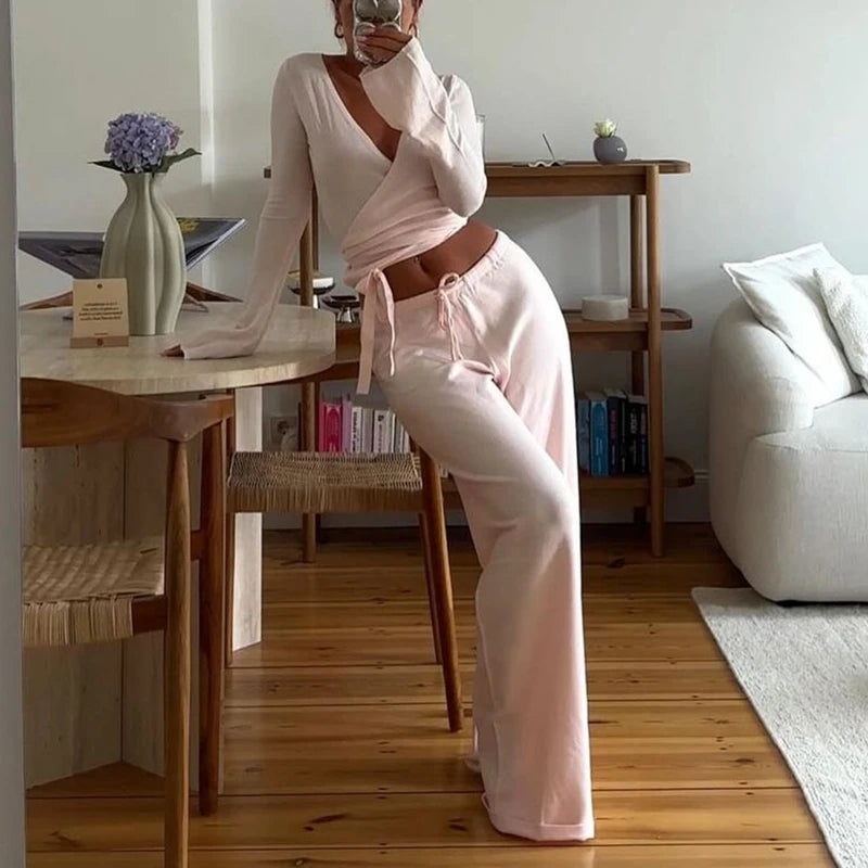 Women Fashion Lounge Set Vintage 2 Piece Outfit V Neck Waist Tie T-shirt + Elastic Waist Pants Autumn Long Sleeve Crop Tops