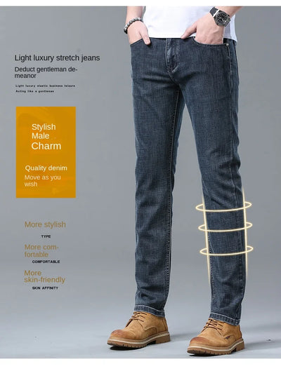 2024 Spring Summer New Men's Slim Thin Jeans Retro Light Blue Cotton Stretch Denim Pants Male Fashion Casual Brand Trousers