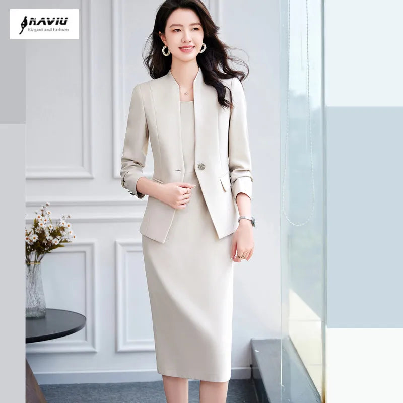 NAVIU 2025 Women Office Dress Set Monochromatic Slim Fit Suit Stand Collar Single Button Fashion New 2 Pcs Brazer and Dresses