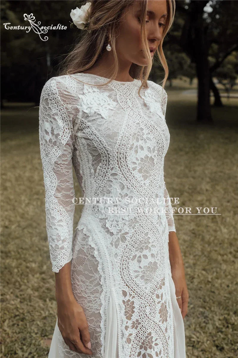 Boho Wedding Dresses 2025 Long Sleeve Backless Lace Appliques Chiffon Sheath Bohemian Bridal Gowns Beach Bride Dress Customized