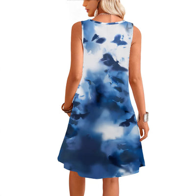 Women Summer Dress 2025 New Sleeveless Pull-out Floral Printed Pocket Large Round-neck Vest Dress Vestidoes Clothing