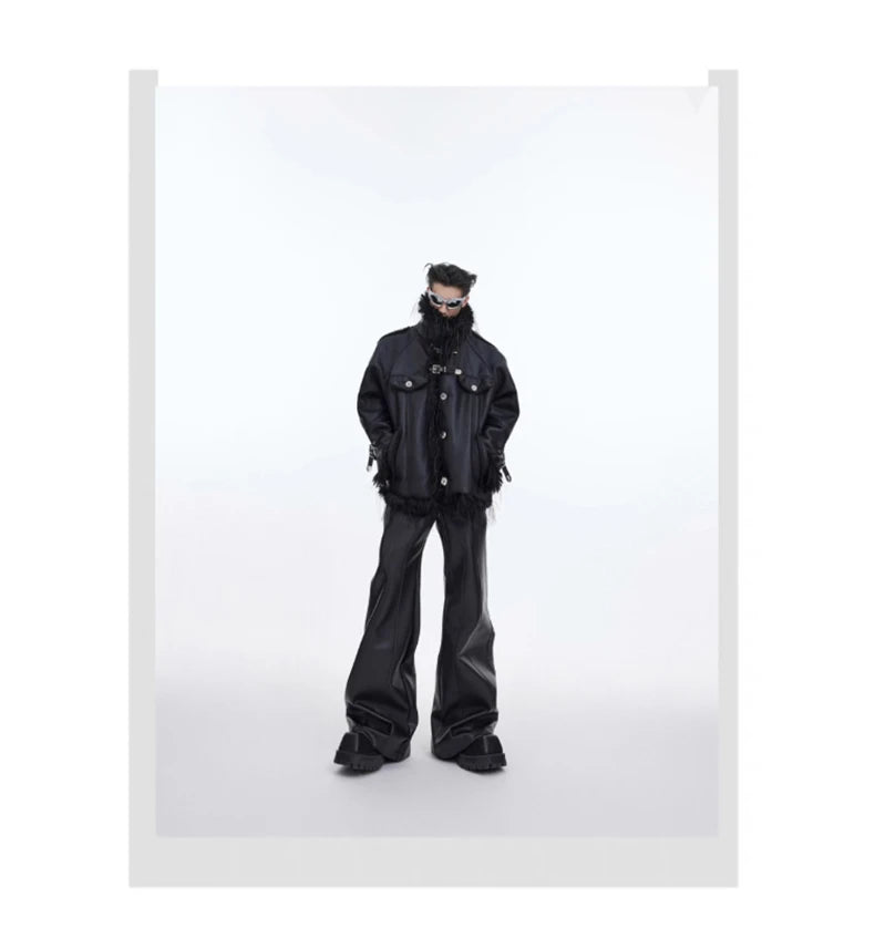 Mauroicardi Autumn Cool Handsome Long Black Matte Baggy Pu Leather Wide Leg Pants for Men High Waist Emo Luxury Designer Clothes