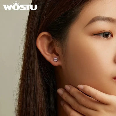 WOSTU Real 925 Sterling Silver Cat Ear Hoop Earrings For Women Lovely Pink Cute Pet Paw Studs Clips Girl Unique Jewelry Gift