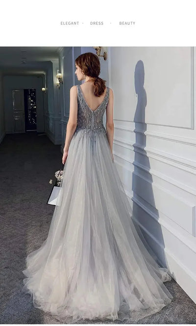 Women's Evening Dresses Sexy V-neck Luxury Formal Party Gown Backless Beads Sequins Tulle Side Split Banquet Evening Dress