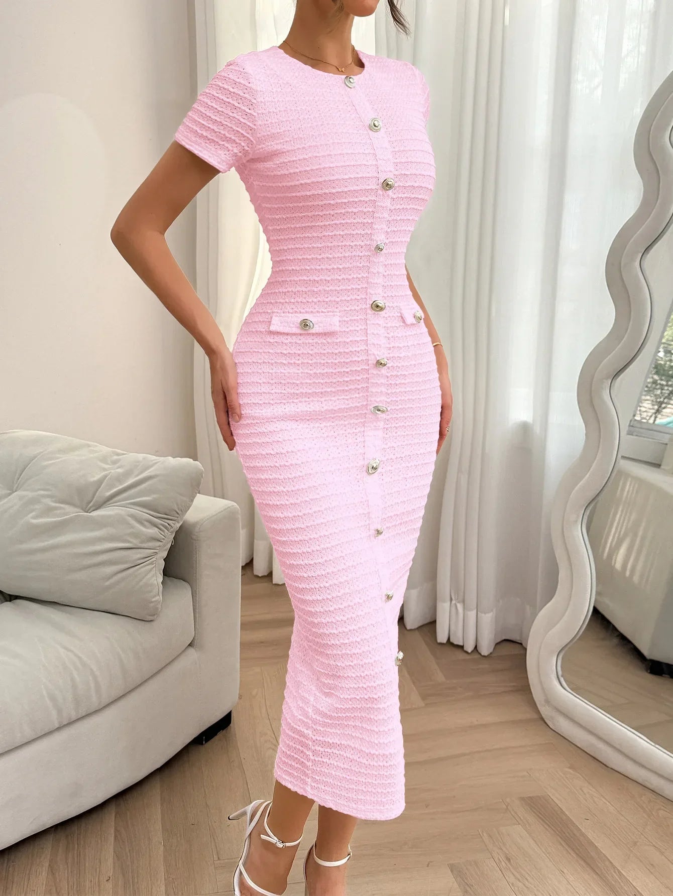 Elegant Dresses for Women Wear Temperament Commuting Female Clothing Summer Women's Fashion High Waist Work Button Slim Dress