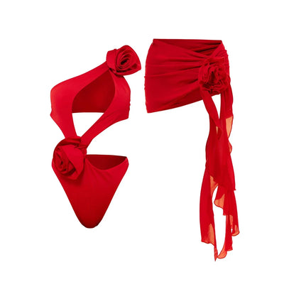 2025 Red Flower Swimsuit With Cover Up Desire Swim Suit Luxury Women Swimwear Sexy Hollow Bikini Beachwear Bodysuit Bathingsuit