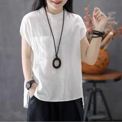 Artistic Style Cotton Linen Short Sleeves Shirt for Women Summer Solid Loose Stand Collar Temperament Top Fashion Women Clothing