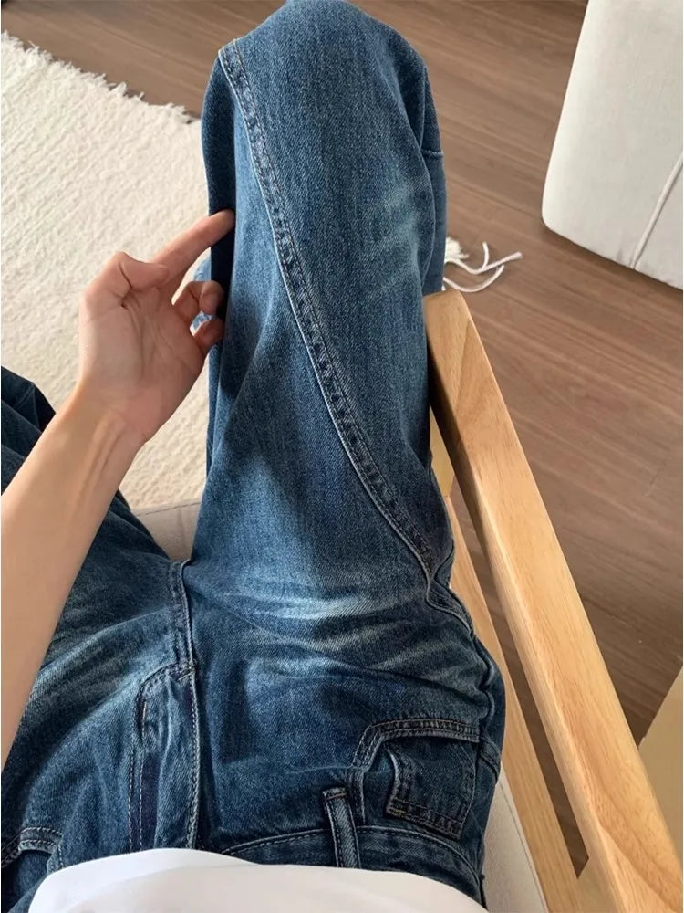 Women's Retro Street Curved Wide Leg Blue Jeans Vintage Y2K Trousers Cool Girl Bottoms Female High Waist Loose Cargo Pants