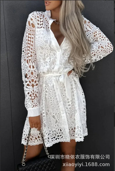 Elegant Shirt Dress Women Sexy Hollow Out Lace Dresses Spring Autumn Button Lace-up Office Lady Mini Dress Female