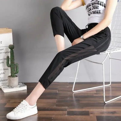 Ice Silk Summer Sweat Home Sports Pants for Women Joggers Jogging Black Cropped Trousers Harem Sarouel Sweatpants Ripped Fashion