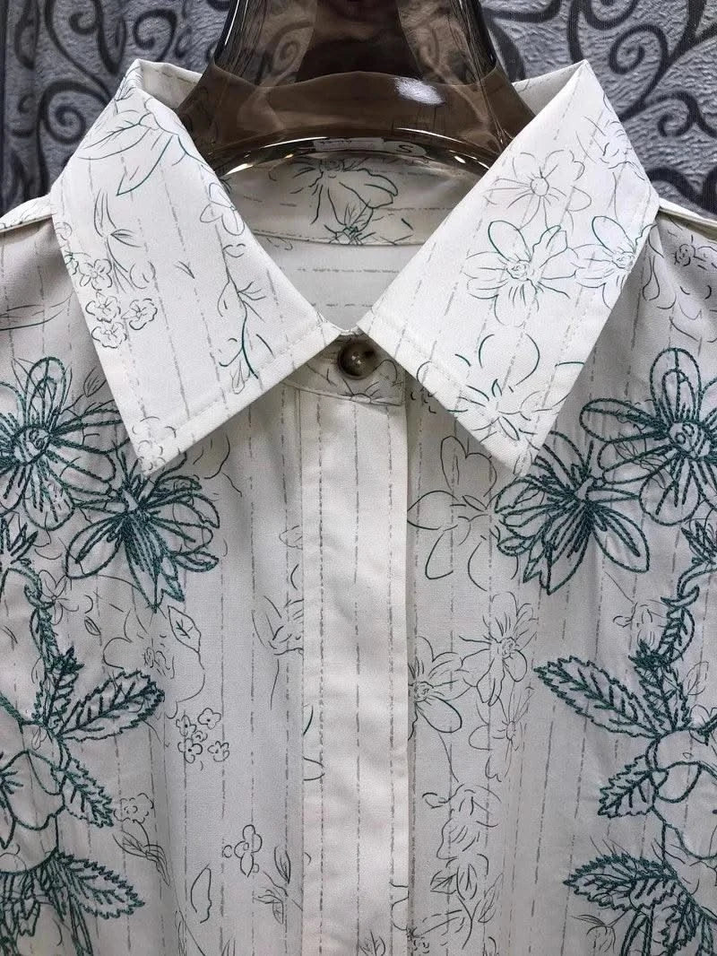 Newest Fashion Summer Dress 2025 High Quality Cotton Women Turn-down Collar Floral Embroidery Short Sleeve Long Shirt Dress Belt
