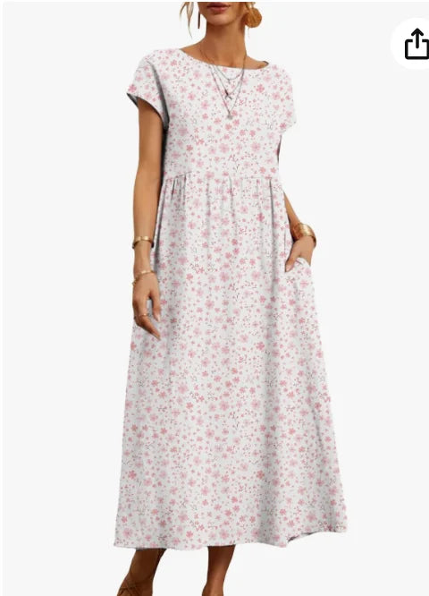 Women's Summer Dresses, Short Sleeves, Midi Casual Dresses with Pockets, Flowy T-Shirt Dresses, Floral Resort Beach Vest Dresses