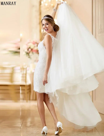Customized Beach Wedding Dress With Detachable Skirt See Through Back Bridal Gowns Lace Appliques Sleeveless Vestidos De Mariee