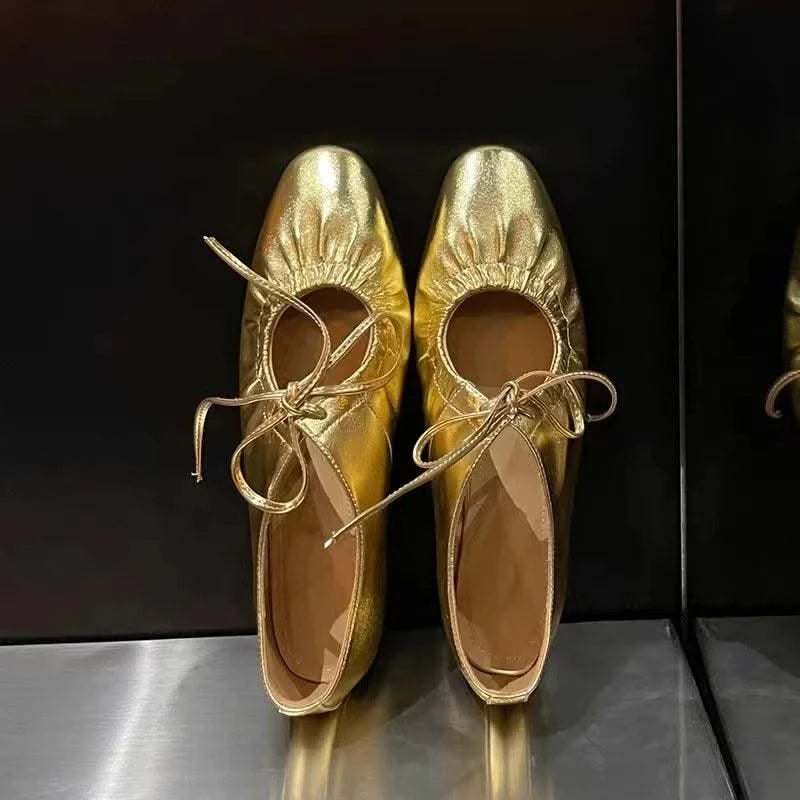 Women Ballet Leather Narrow Band Flat Shoes  Bling Silver,  Gold Footwear