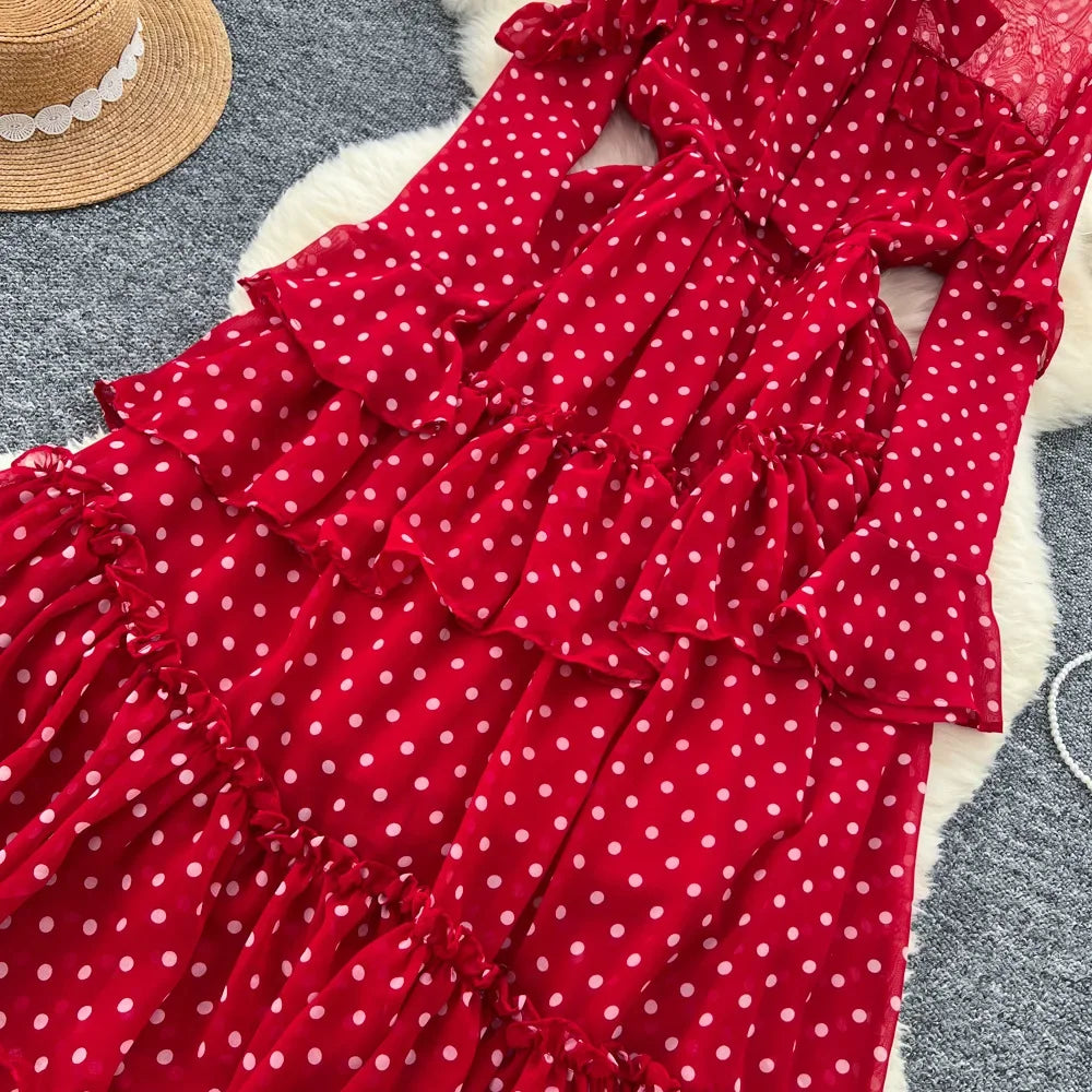 Dot Dress Women Long Dresses Print Chiffon Lace Up Flare Sleeve A Line Vestidos Streetwear Elegant Splice Y2k High Waist Party