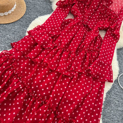 Dot Dress Women Long Dresses Print Chiffon Lace Up Flare Sleeve A Line Vestidos Streetwear Elegant Splice Y2k High Waist Party