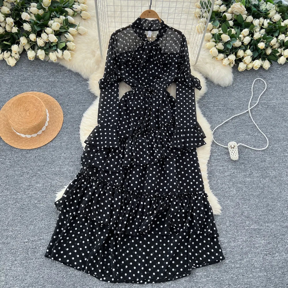 Dot Dress Women Long Dresses Print Chiffon Lace Up Flare Sleeve A Line Vestidos Streetwear Elegant Splice Y2k High Waist Party