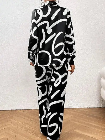 Women Clothing 2024 Autumn New Fashion Print Set Casual Button Collar Shirt Long Sleeved Wide Leg Pants Long Pants Two-piece Set