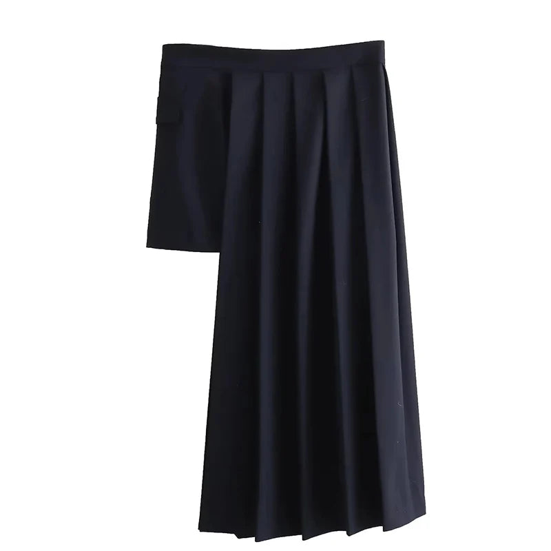 Elegant Asymmetry Pleated Skirt Simple Style Women Autumn Fashion Lady A-Line Casual Streetwear Stylish Loose Long Skirts