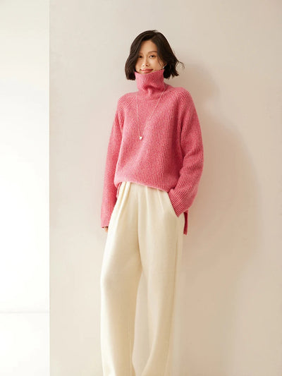 ADDONEE Women 100% Cashmere Pants Pleated Waist Wide Leg Pants Casual Simple Style Autumn Winter Cashmere Knit Trousers Luxury