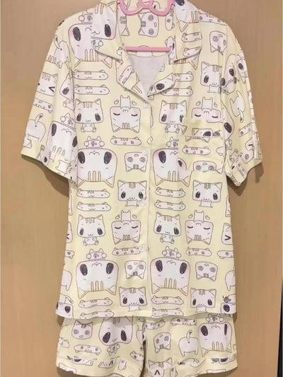 Women's Sleepwear Lounge Pajama Sets Summer Cartoon Print Cute Loose Pajamas Set Home Clothes Short Sleeves Top and Shorts Set