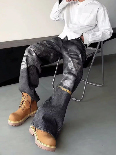 High Street Men's Jeans Trendy Printed Pattern Washed Worn-out Straight Leg Jeans American Style Male Denim Pants Black Jeans
