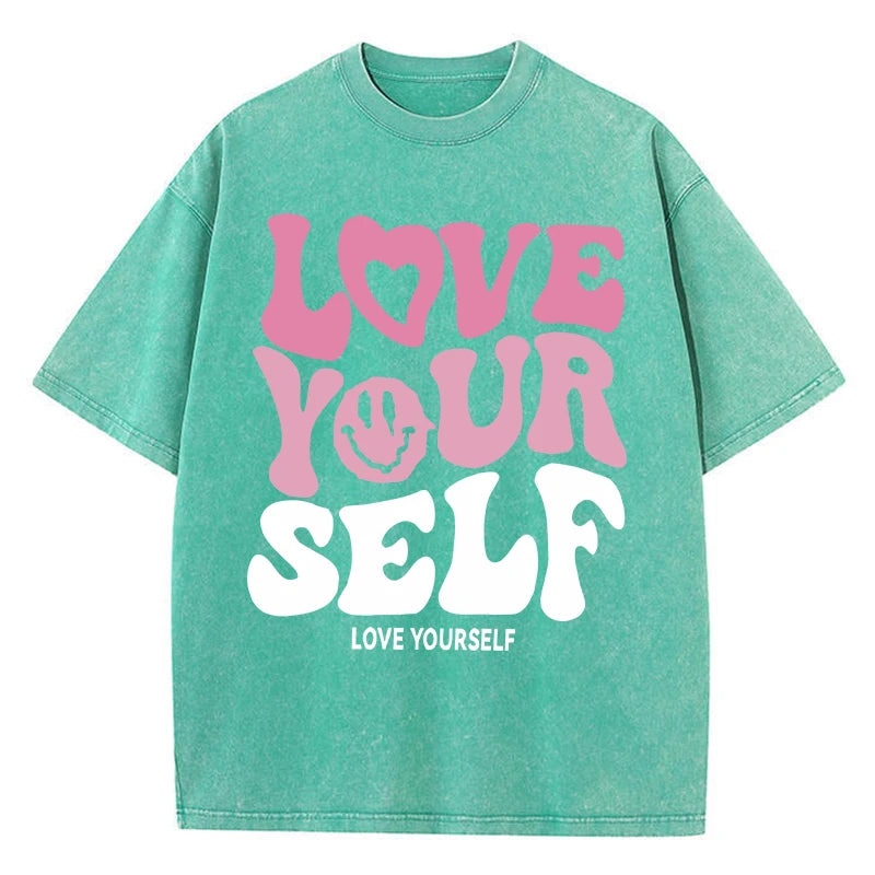 Women'S Cotton Washed T-Shirts Trend Distressed Loose Tees Love Your Self Letter Printing Short Sleeve Summer Female Clothes