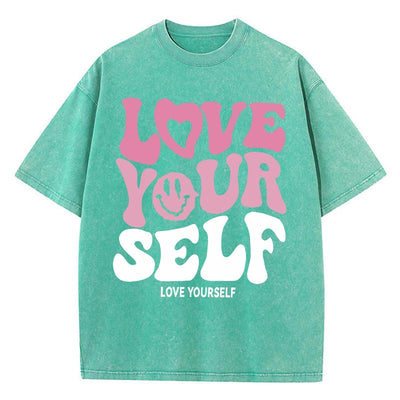 Women'S Cotton Washed T-Shirts Trend Distressed Loose Tees Love Your Self Letter Printing Short Sleeve Summer Female Clothes