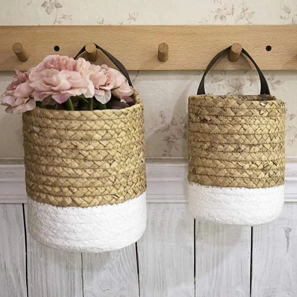 Garden Plant Flower Pot Handmade Rattan Storage Basket Foldable Seagrass Straw Hanging Woven Handle Toy Storage Container 1Pc