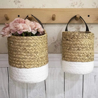 Garden Plant Flower Pot Handmade Rattan Storage Basket Foldable Seagrass Straw Hanging Woven Handle Toy Storage Container 1Pc