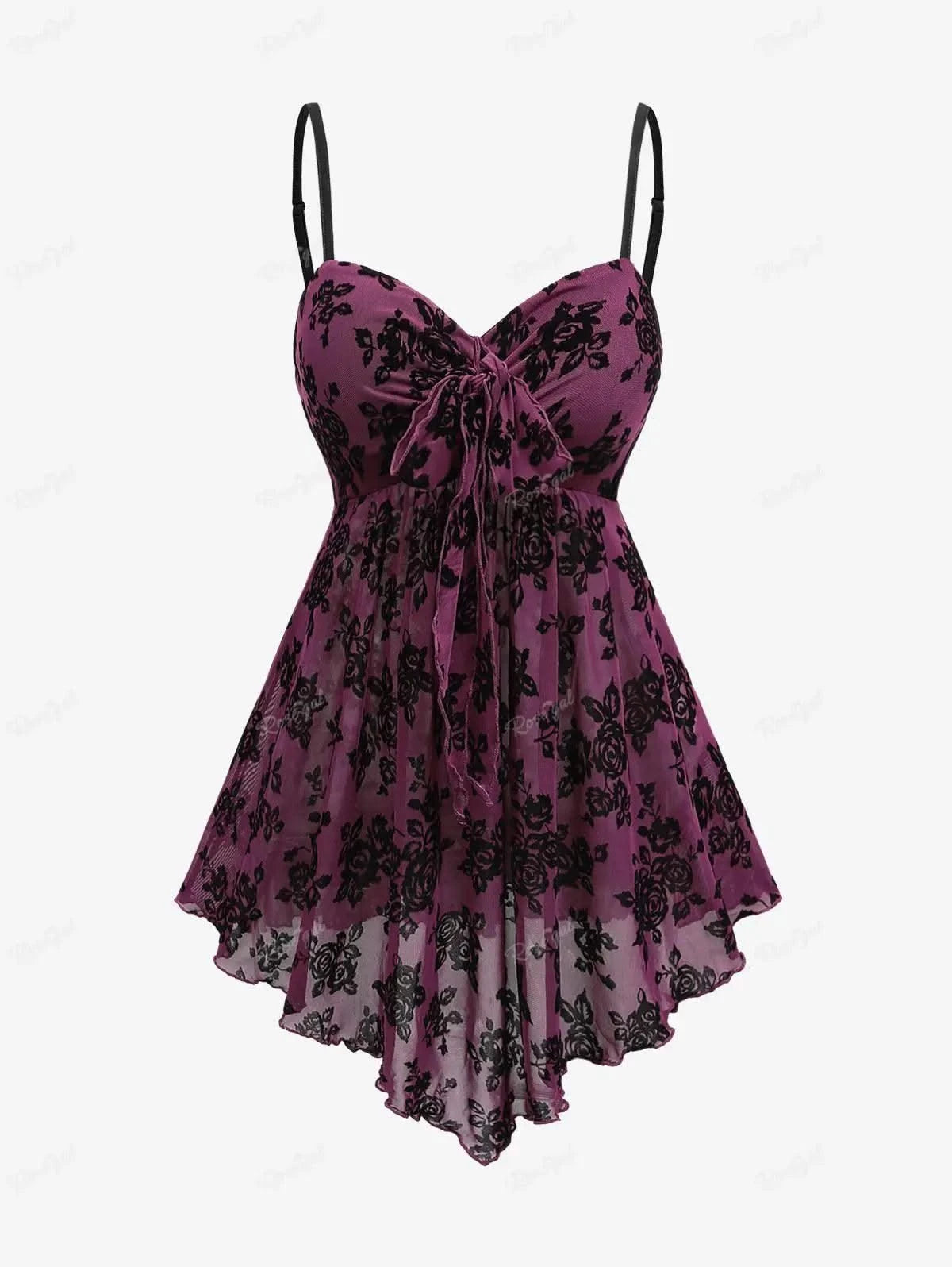 ROSEGAL Plus Size Gothic Camis Top for Women, Floral Mesh, Flocking Bowknot, Tied Asymmetric Top, Adjustable Shoulder Strap Vest