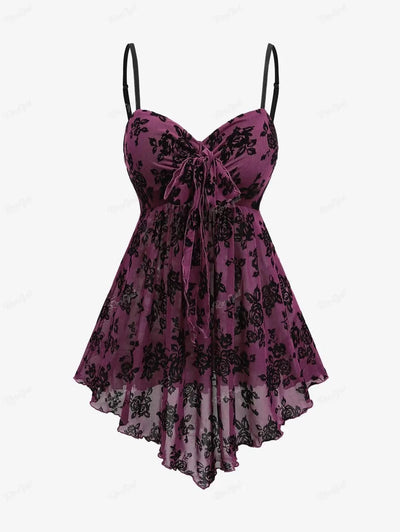 ROSEGAL Plus Size Gothic Camis Top for Women, Floral Mesh, Flocking Bowknot, Tied Asymmetric Top, Adjustable Shoulder Strap Vest