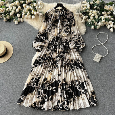 Retro Print Elegant Pleated Lantern Long Sleeve O Neck Single Breasted Dress A-line  Casual High Waist Women Summer Dresses