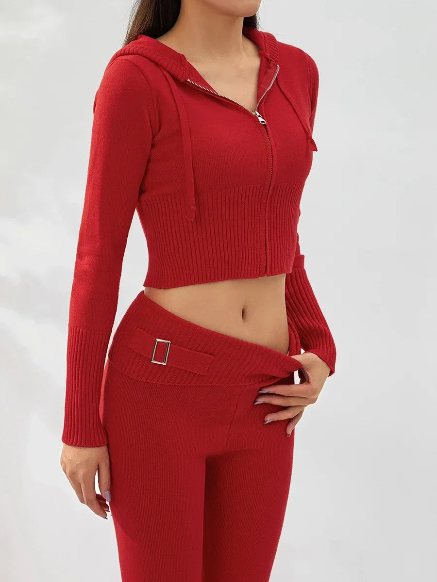 Women Tracksuit  Knit Lounge Set Long Sleeve Zip Up Hoodie with High Waist Wide Leg Pant 2 Piece Sweater Ensemble Casual Set