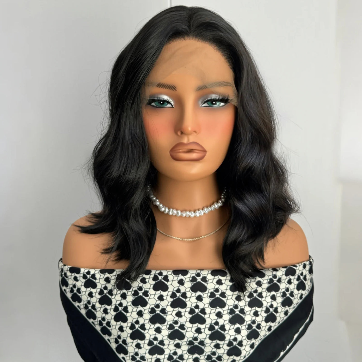Short Wavy Black Curly Bob Wigs for Women Synthetic Free Part Shoulder Length Short Body Wave Glueless 13X4 Lace Front wigs