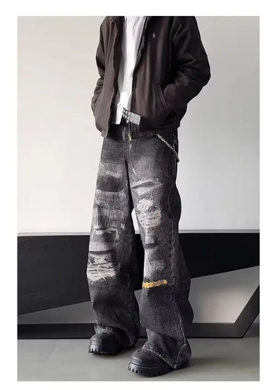 High Street Men's Jeans Trendy Printed Pattern Washed Worn-out Straight Leg Jeans American Style Male Denim Pants Black Jeans