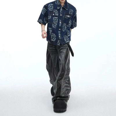 Mens Jeans Pu Leather Stitching Whisker Washed Wilderness Style Casual Pants Streetwear Fashion Personality Trousers Men'S Wear
