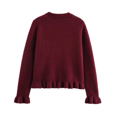 Women Ruffle Gray Knitted Cardigan Outerwears New Autumn Women Long Sleeve Sweater Elegant Button-Down Cardigan