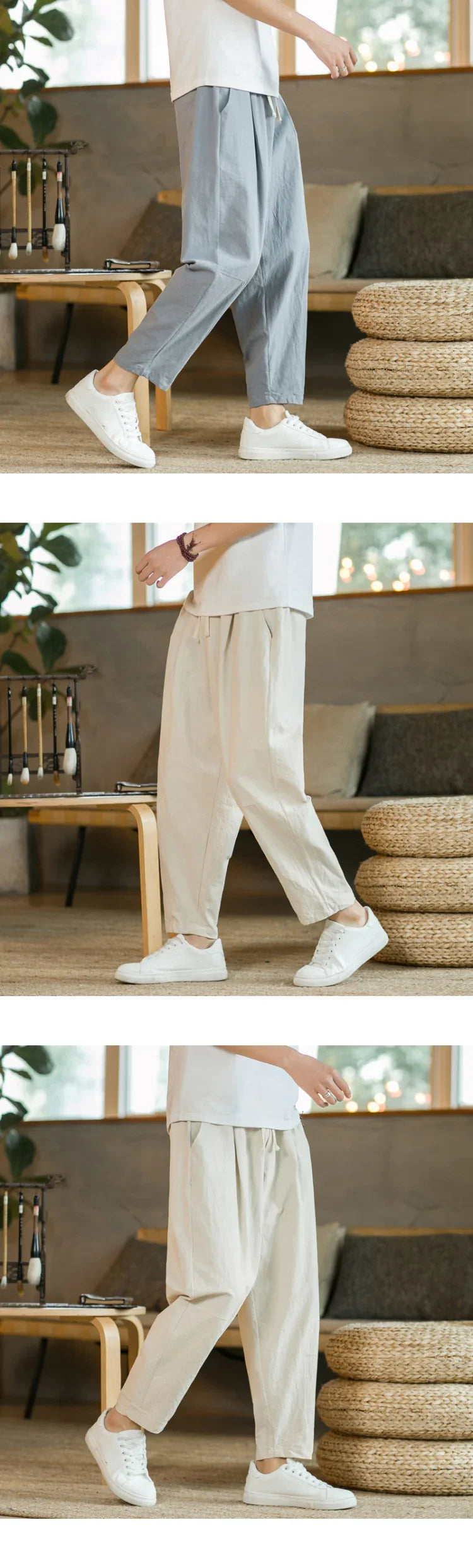 Men's Trousers Cotton Linen Fashion Casual Pants Solid Color Breathable Loose Shorts Straight Drawstring Pants Streetwear Men